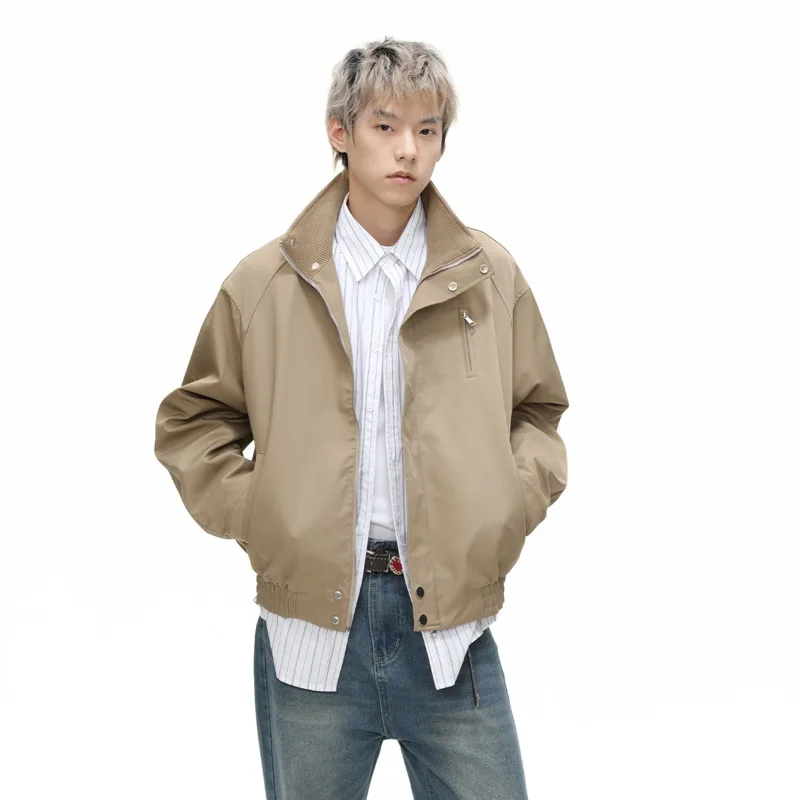 SYUHGFA 2025 Jaket Pria Musim Gugur Kerah Tegak Warna Solid Ritsleting Desain Unik Pakaian Pria Serbaguna Mantel Pria Gaya Korea