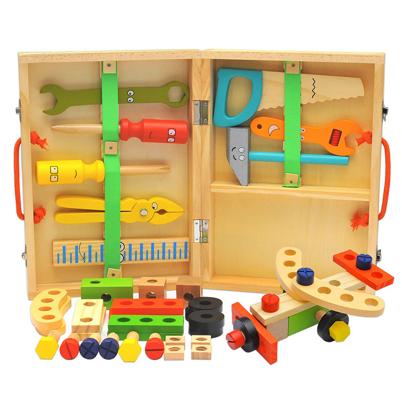 Giocattoli educativi per bambini Montessori Cassetta degli attrezzi in legno di plastica Fai finta di giocare Set Strumento per falegname di simulazione di assemblaggio di viti per dadi per bambini