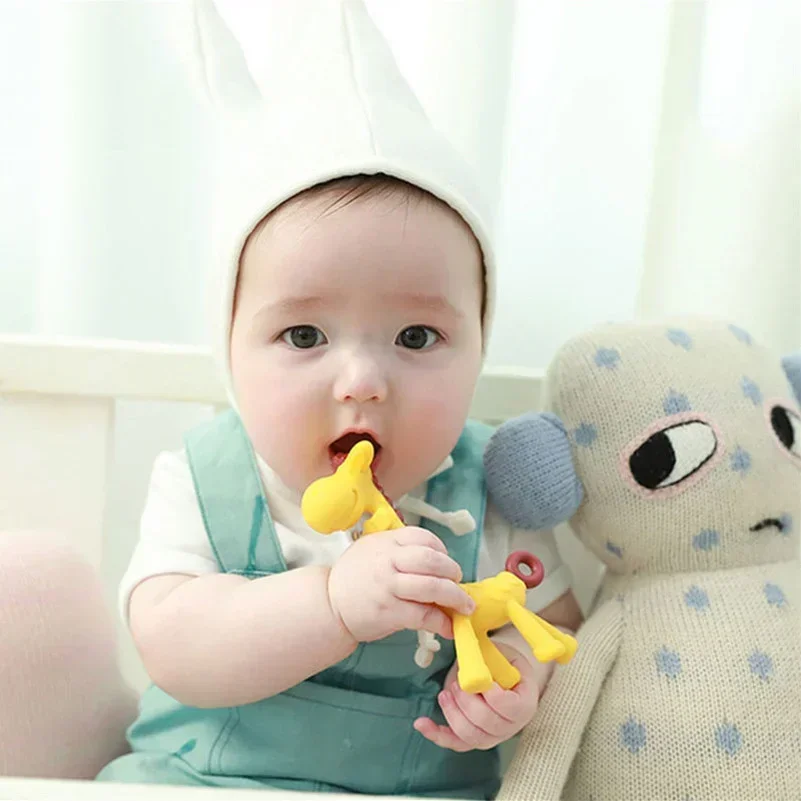 Mordedor molar de bebê de grau alimentício, mordedor de girafa de silicone, dentição de desenho animado para bebês, alívio de gengivas, brinquedos essenciais para recém-nascidos