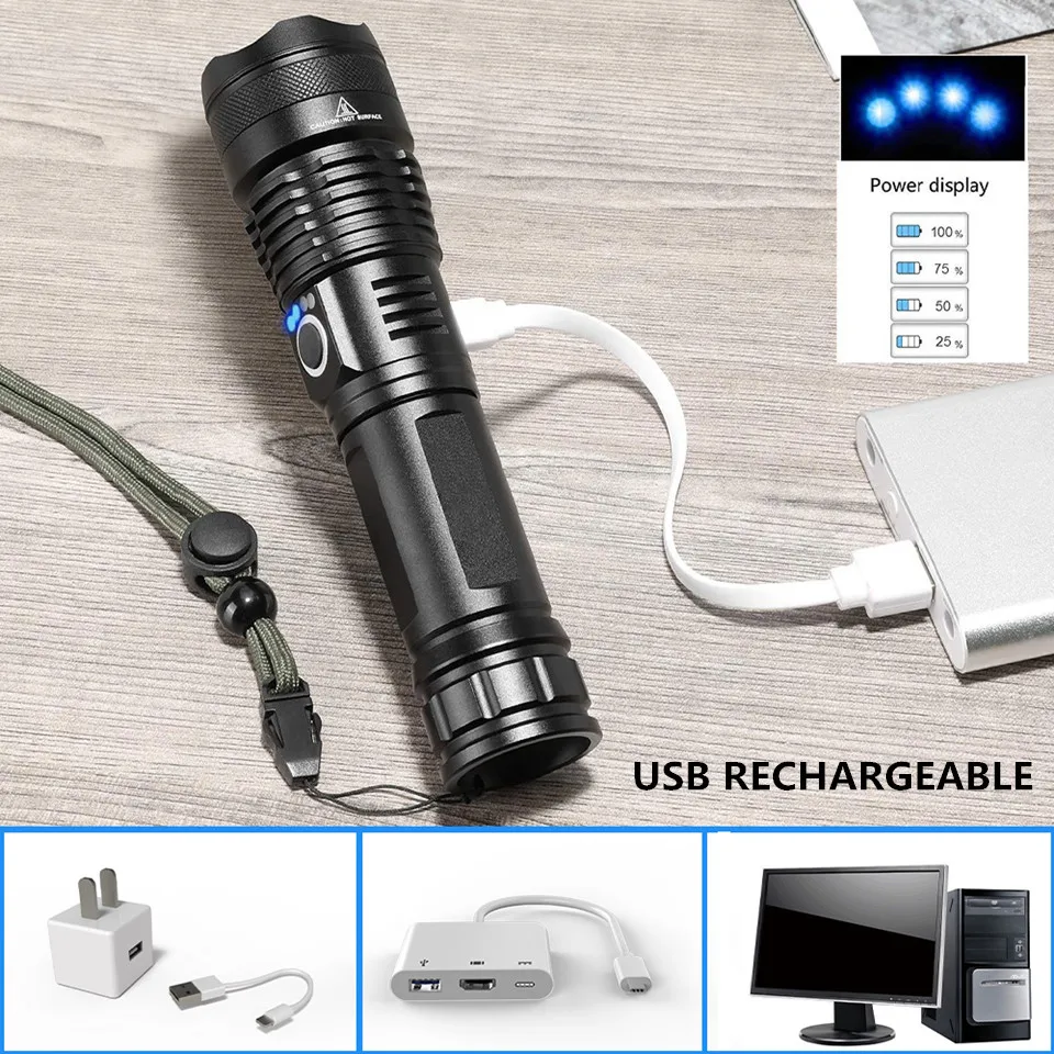 Linterna xhp70 Linterna LED recargable más potente Zoom USB 18650 Batería 26650 Antorcha El mejor uso para acampar, al aire libre y emergencias