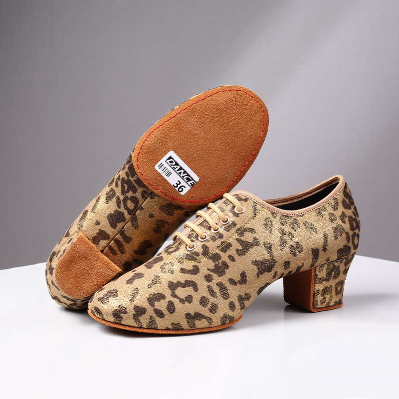 Zapatos de baile de Salsa Jazz para mujeres y niñas, zapatos de baile latino con estampado de leopardo dorado para mujeres, suelas blandas con cordones, tacones altos de 5cm
