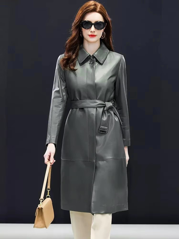 Top Quality Women Sheepskin Long Windbreaker Trench Coat Single Breasted Belted Elegant Office Lady Work Genuine Leather Jacket