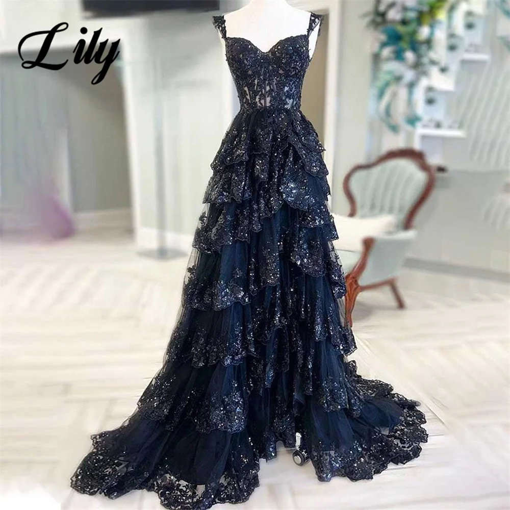 Lily azul marinho uma linha vestido formal em camadas querida vestido de festa plissados cinta de espaguete vestido de ocasião especial ganali  rozali  misce personalizzato