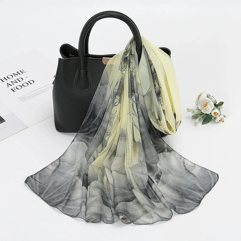 Lenço de chiffon com estampa de lótus, lenço de pescoço leve e elegante para mulheres, verão, proteção solar, lenço de seda, xale 150*50cm