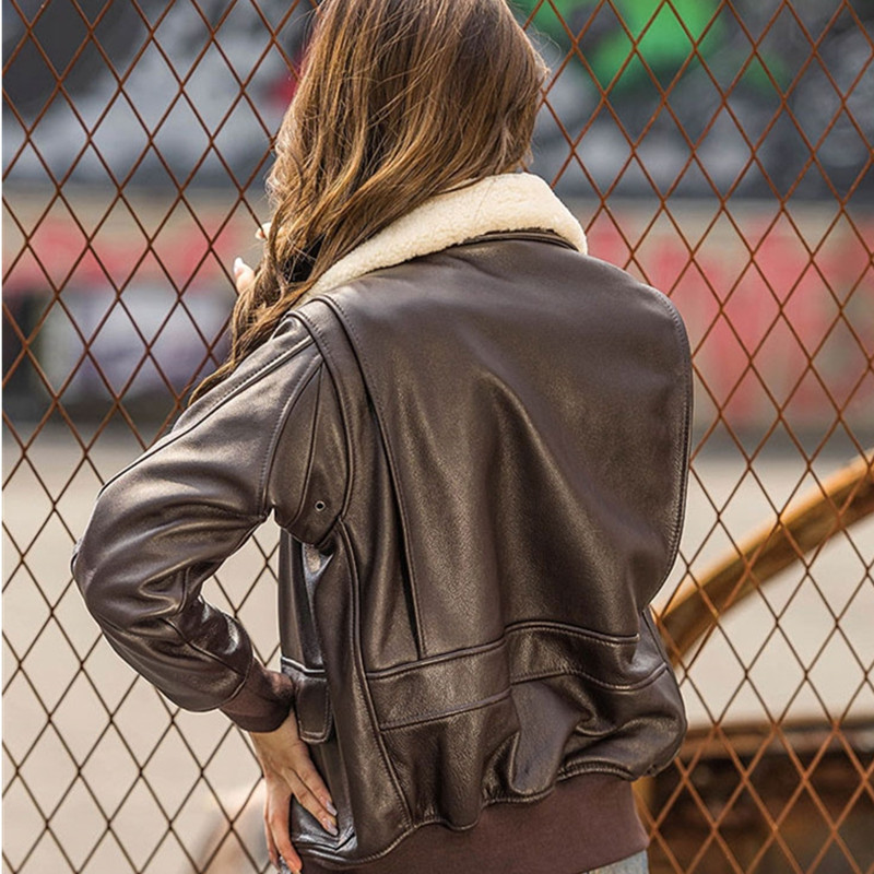 女性用ダークブラウンパイロットレザージャケット,フライトコート,本物の天然牛革,ウールの襟,ミリタリースタイル,ラージサイズ,3XL, G3