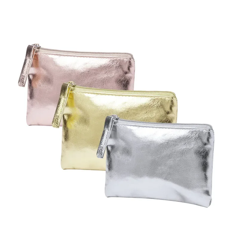 Mini bolsa de almacenamiento de monedas con cremallera de cuero PU para mujer, lápiz labial multifuncional, organizador de llaves, tarjetero, monedero plateado