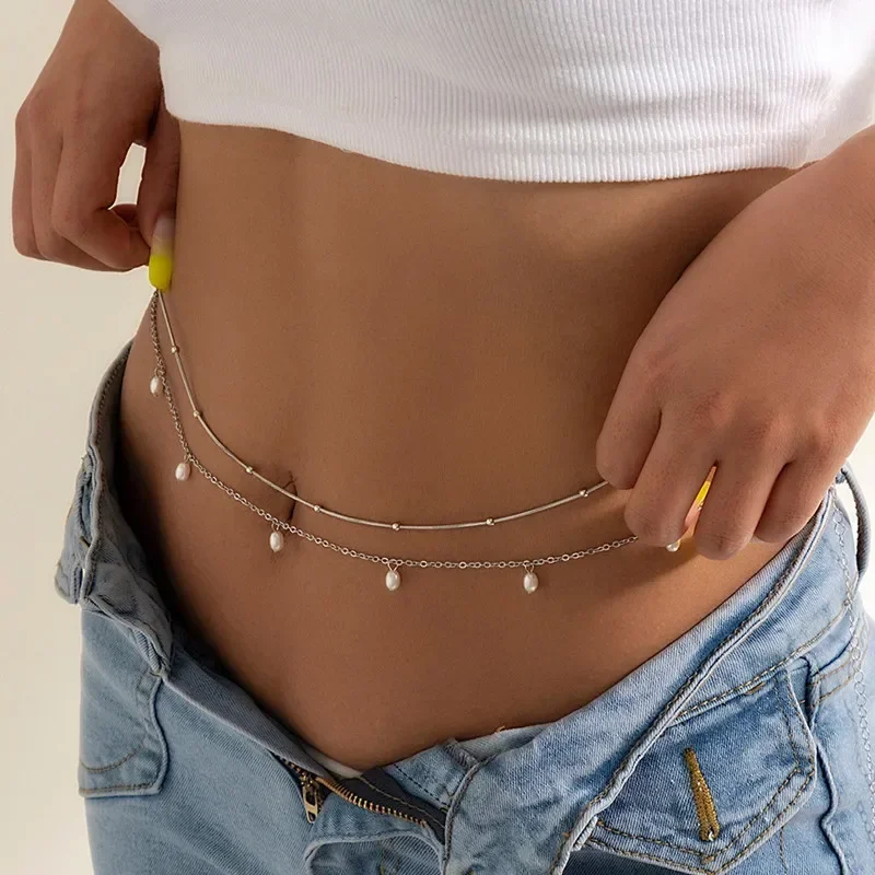 Nueva moda, cadena de perlas de doble capa Sexy para mujer, cadena para el vientre con cuentas para la cintura, cinturón para el vientre, joyería para el cuerpo para playa y verano, regalos para festivales