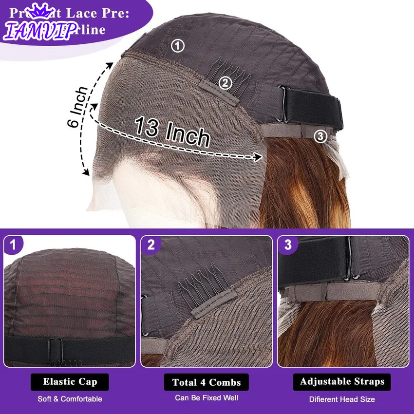 Peruca frontal de onda profunda com destaque, cabelo humano, frente de renda marrom, perucas sem cola, pronto para usar, 13x6 HD