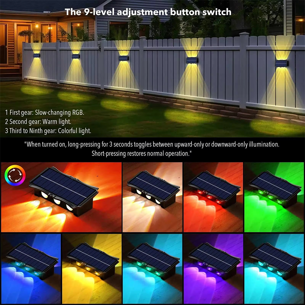 โคมไฟติดผนังพลังงานแสงอาทิตย์กลางแจ้ง LED พลังงานแสงอาทิตย์กันน้ํา 4/6/8LED ภายนอกไฟตกแต่งสวนสําหรับระเบียงรั้วระเบียง
