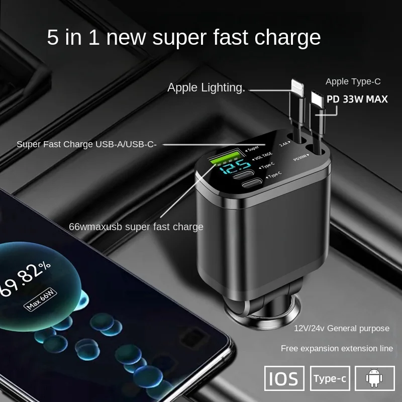 Autolader, autolader met intrekbare kabel, auto PD, auto snel opladen, supersnel opladen, flits opladen, vijf in één sigaret