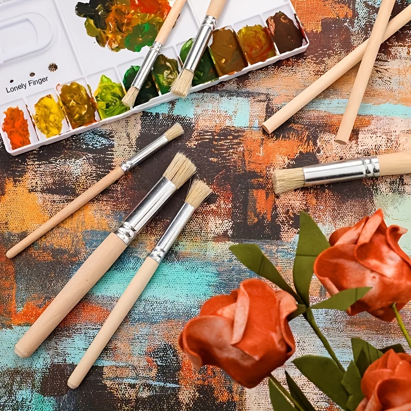 6 ชิ้นลายฉลุแปรงทาสีชุดขนแปรงไม้จับที่สมบูรณ์แบบสําหรับงานฝีมือ DIY สีน้ํา, น้ํามัน, และภาพวาดอะคริลิ