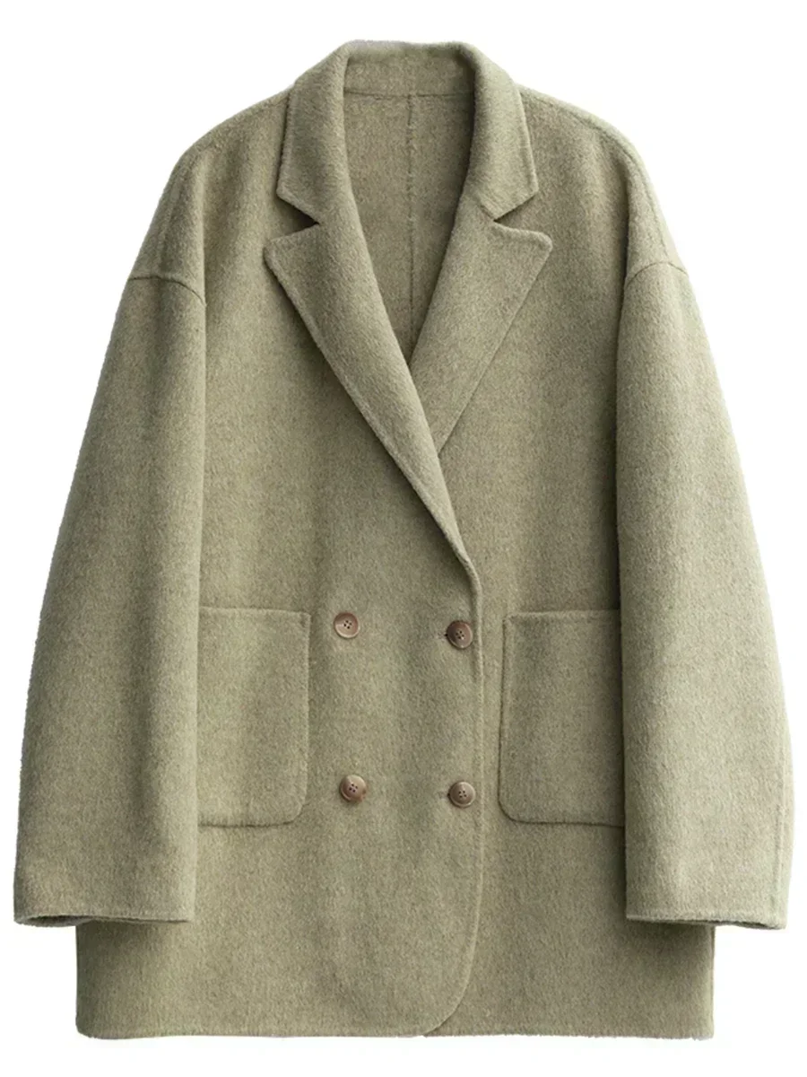 Chique ven casacos de lã feminino solto casual duplo breasted retro dupla face jaqueta senhora do escritório outerwear outono inverno 2023