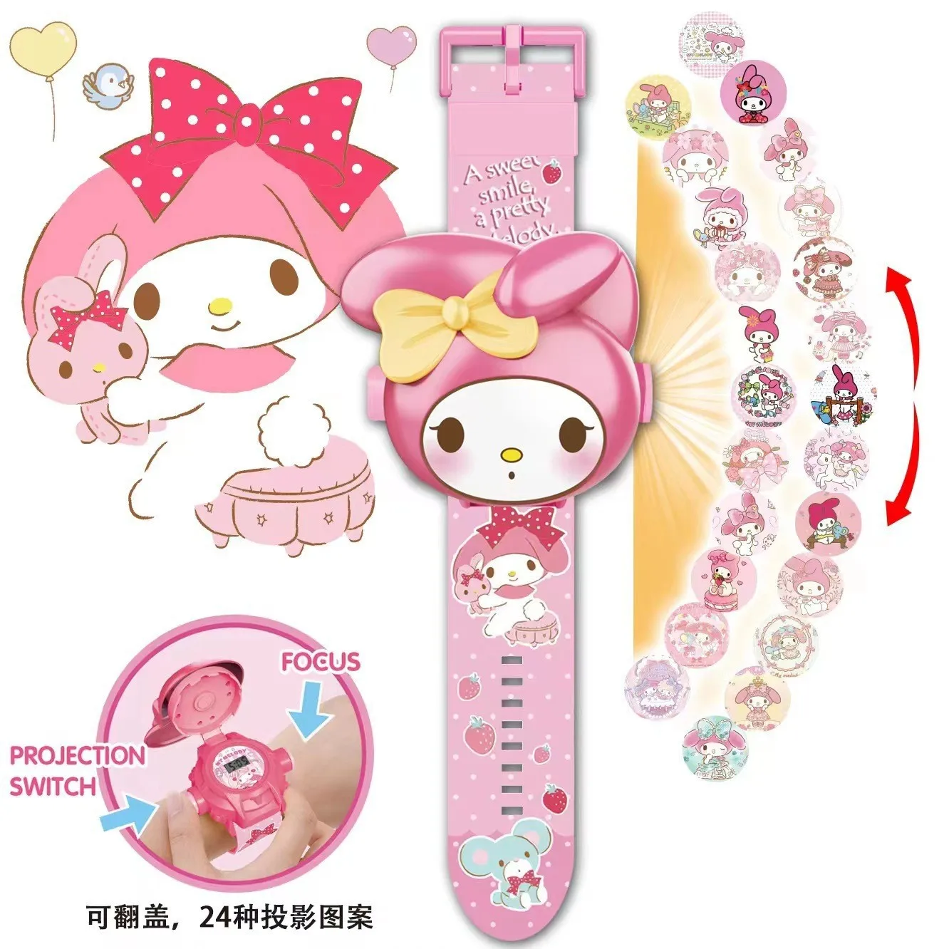 Sanrio Hello Kitty Speelgoed Set 3D Projectie Digitale Horloge Cinnamoroll Kuromi Melodie Anime Actiefiguren Model Speelgoed Kid Gift