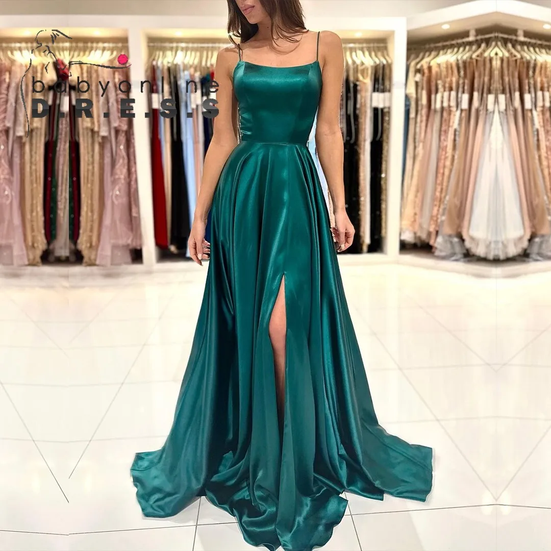 BABYONLINE Vestido de dama de honra sexy, cetim macio, linha A, com tiras, renda nas costas e fenda alta, vestido até o chão para Weddi