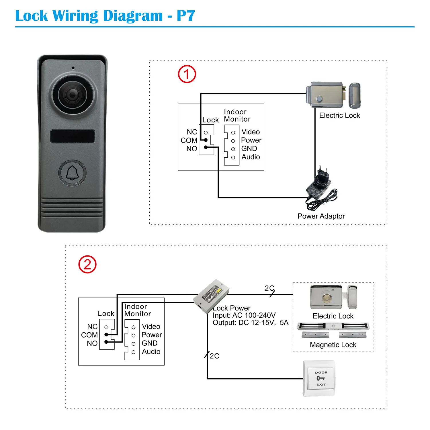Sistema de intercomunicação com vídeo porteiro com 4 fios, campainha de metal para casa ao ar livre, à prova d'água, resistente ao frio, visão noturna para segurança 720p