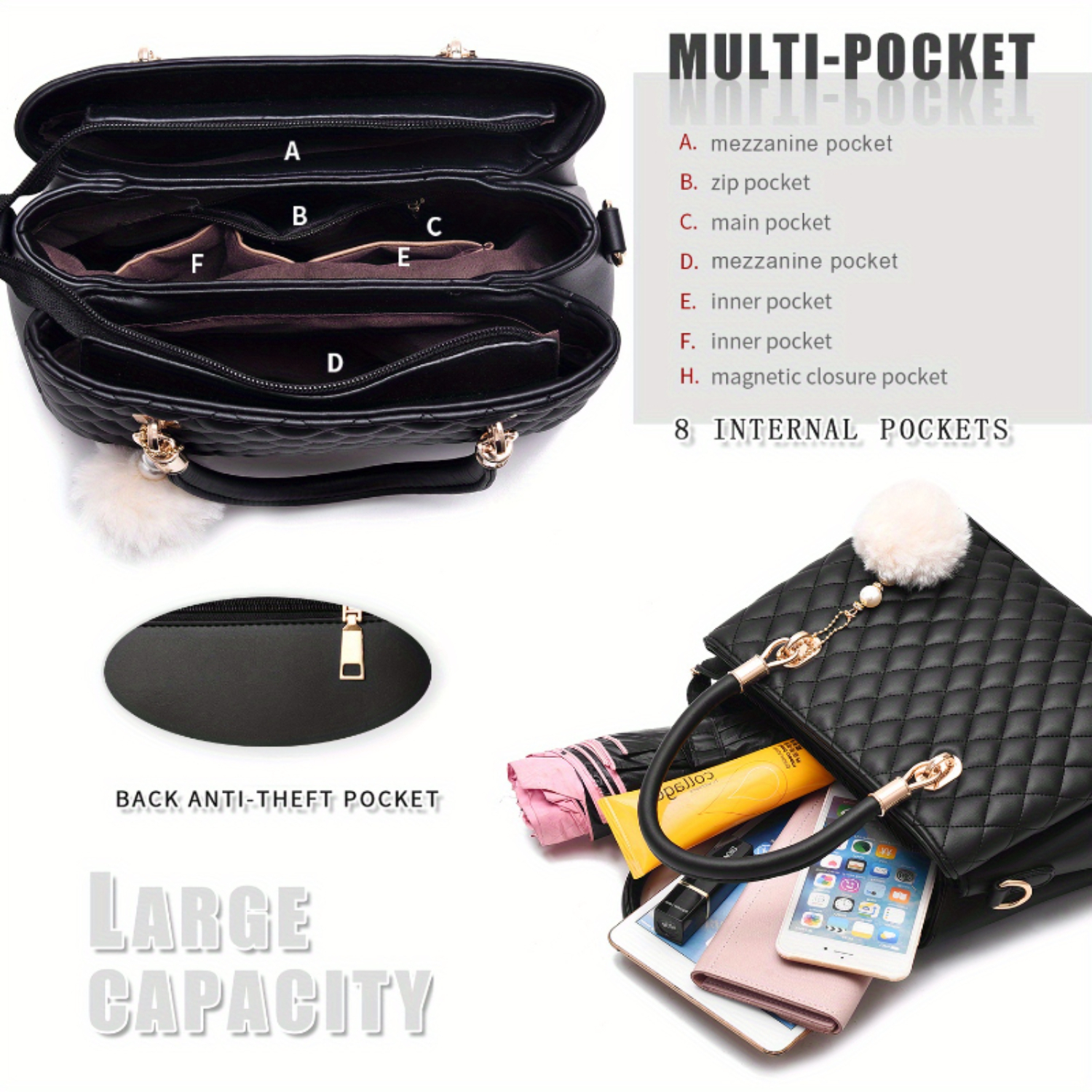 กระเป๋าหนังผู้หญิงกระเป๋าสะพายไหล่หูหิ้วด้านบนพร้อม Pompon