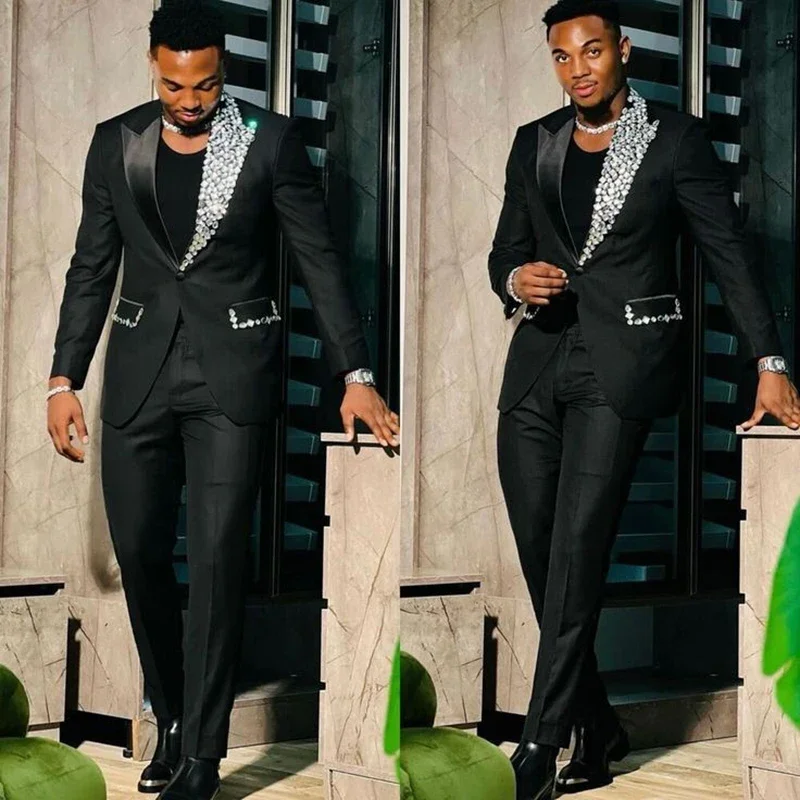 Czarne garnitury dla mężczyzn Slim Fit Single Breasted Peak Lapel Blazer Wysokiej jakości kryształowe zestawy 2-częściowych marynarek i spodni Terno