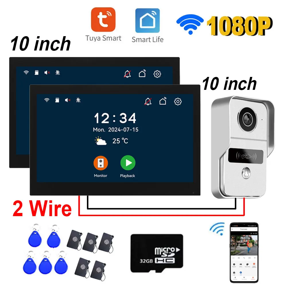 Nieuwe 2 Draad Digitale Video Intercom Systeem 2 Stuks 10Inch Wifi Monitor 1080P Deurtelefoon Camera Video Deurbel kaart Tuya App Unlock