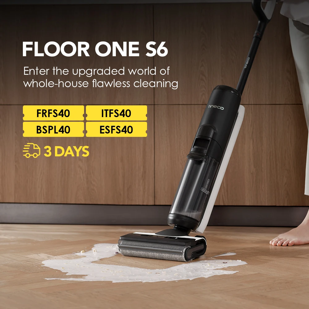 Tineco Floor One S6 Aspirador de pó seco e molhado sem fio Esfregão multifuncional para pisos duros LED Limpeza de borda dupla face