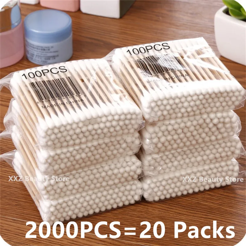 Bastoncillos de algodón de doble cabeza para mujer, 100/500/1000/2000 piezas, bastoncillos de madera para limpieza de nariz y orejas, herramientas para el cuidado de la salud