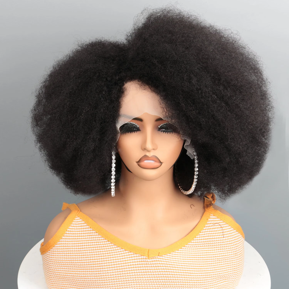 Afro Kinky Curlyโปร่งใสลูกไม้ด้านหน้าวิกผมบราซิลRemyมนุษย์ผมลูกไม้เส้นผมธรรมชาติ 13X4X2 Afroสั้นBobวิกผมมนุษย์