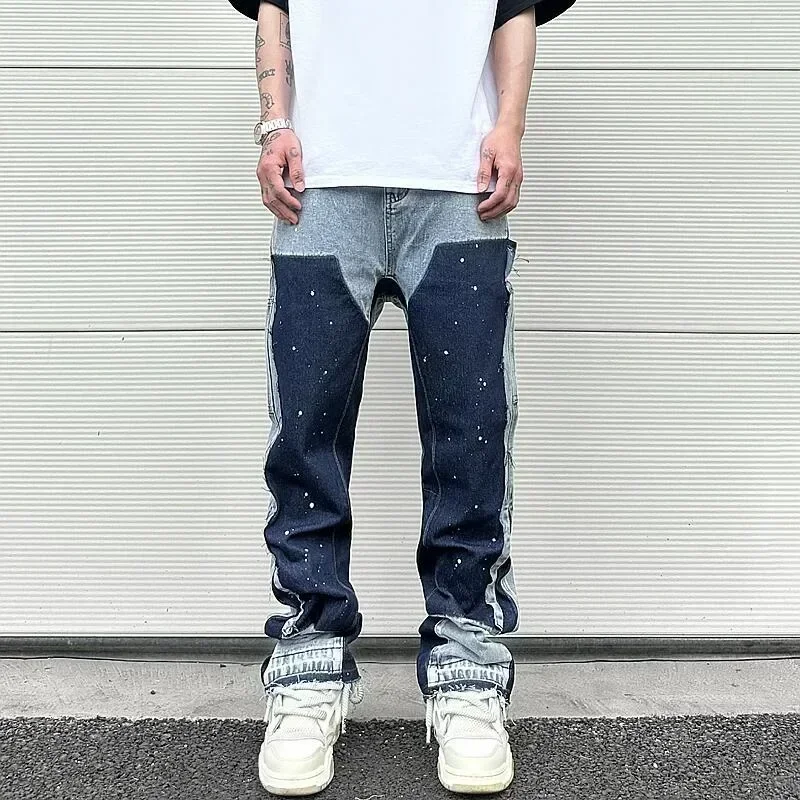 ยุโรป/อเมริกา retro อินเทรนด์ spliced กางเกงยีนส์ street สไตล์อเมริกัน bootcut กางเกง spliced ink splash กางเกงยีนส์สําหรับชายคู่