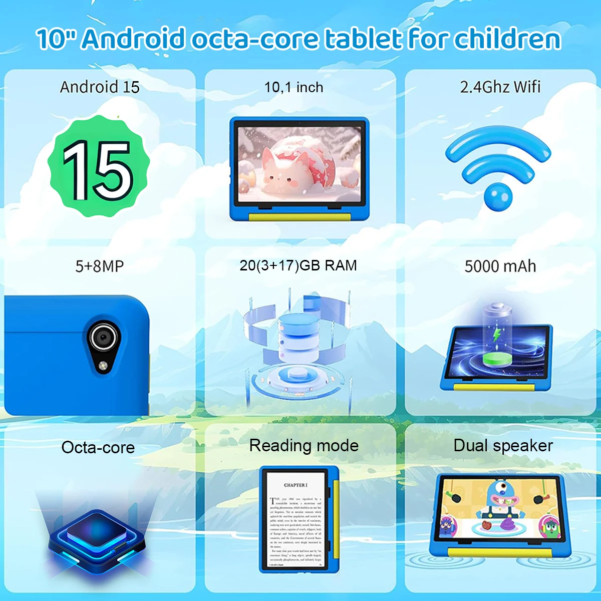 Uero 10 "padrão dos desenhos animados crianças tablet android octa-core 20gb (3 +17) ram 64gb rom aprendizagem educação jogos comprimidos presentes das crianças