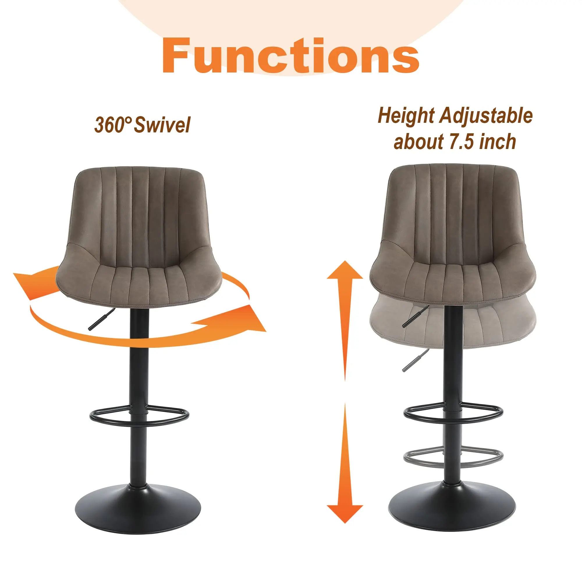 Conjunto de 2 bancos de bar Ralex-chair, bancos de bar giratórios com altura de balcão e encosto, cadeiras de bar ajustáveis em couro PU, marrom