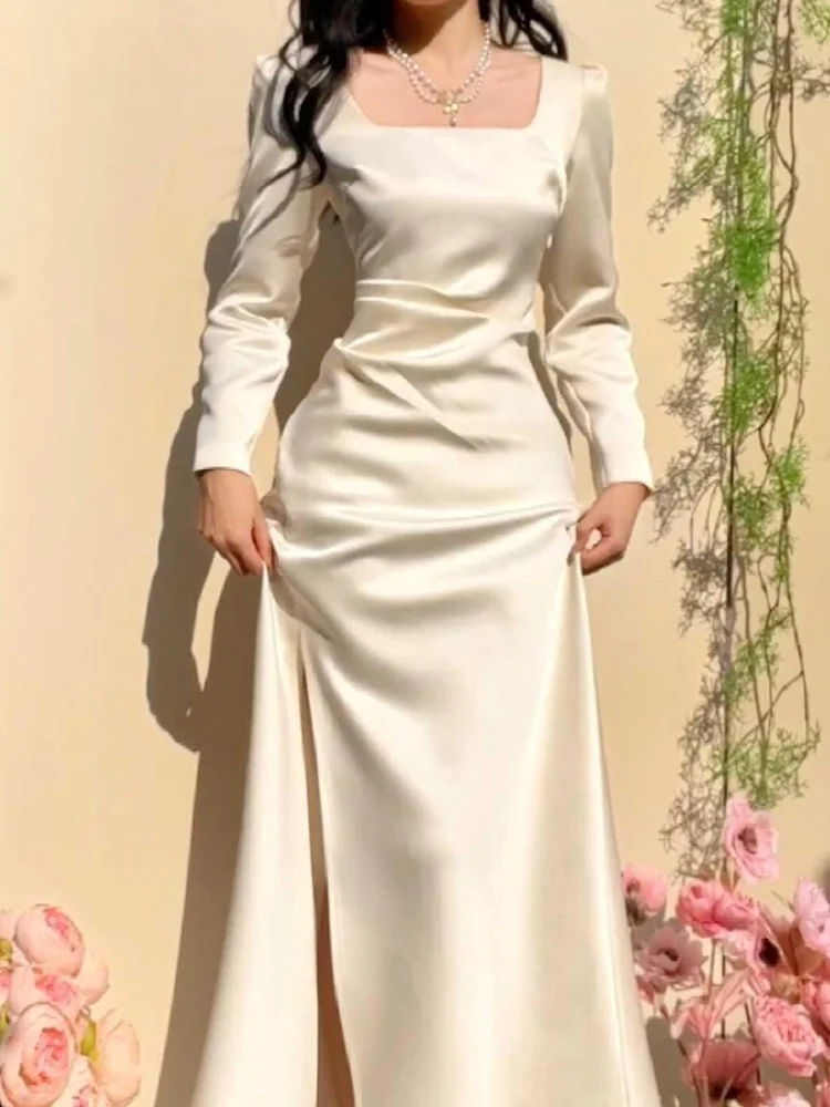エレガントな長袖サテンドレススクエアカラーウェディングドレス婚約や結婚式のためのハイウエストAラインスカートフォーマルガウン
