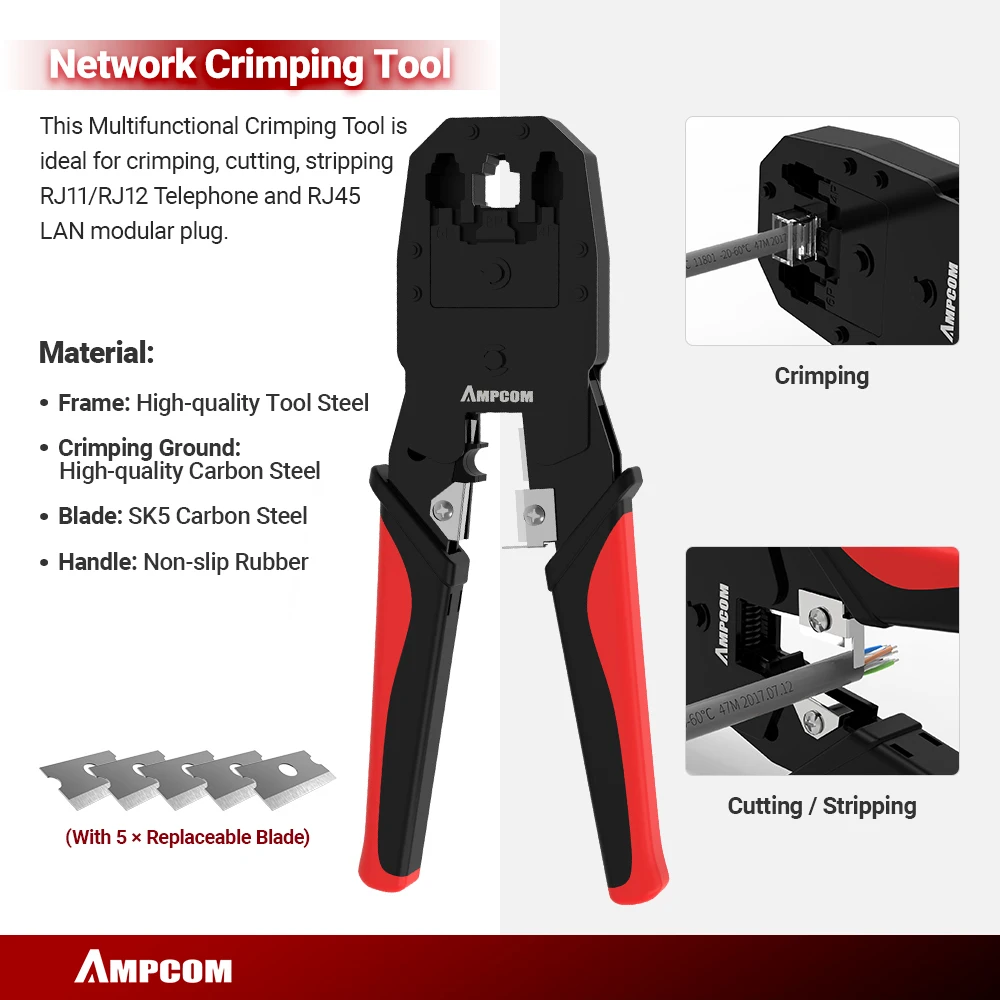 AMPCOM RJ45 Crimper Lan เครื่องทดสอบชุดเครื่องมือ Ethernet Cable Stripper Punch Down เครื่องมือ rj 45 rj11 ตัวเชื่อมต่อ 12 ใน 1 สายชุดซ่อม
