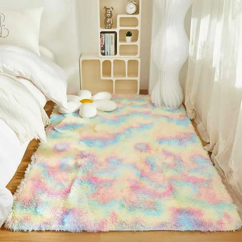 พรมเด็กสาวสายรุ้งสีพรมสําหรับห้องนั่งเล่นขนาดใหญ่ Soft พรมห้องนอนข้างเตียงเด็กชั้นน่ารัก Mats
