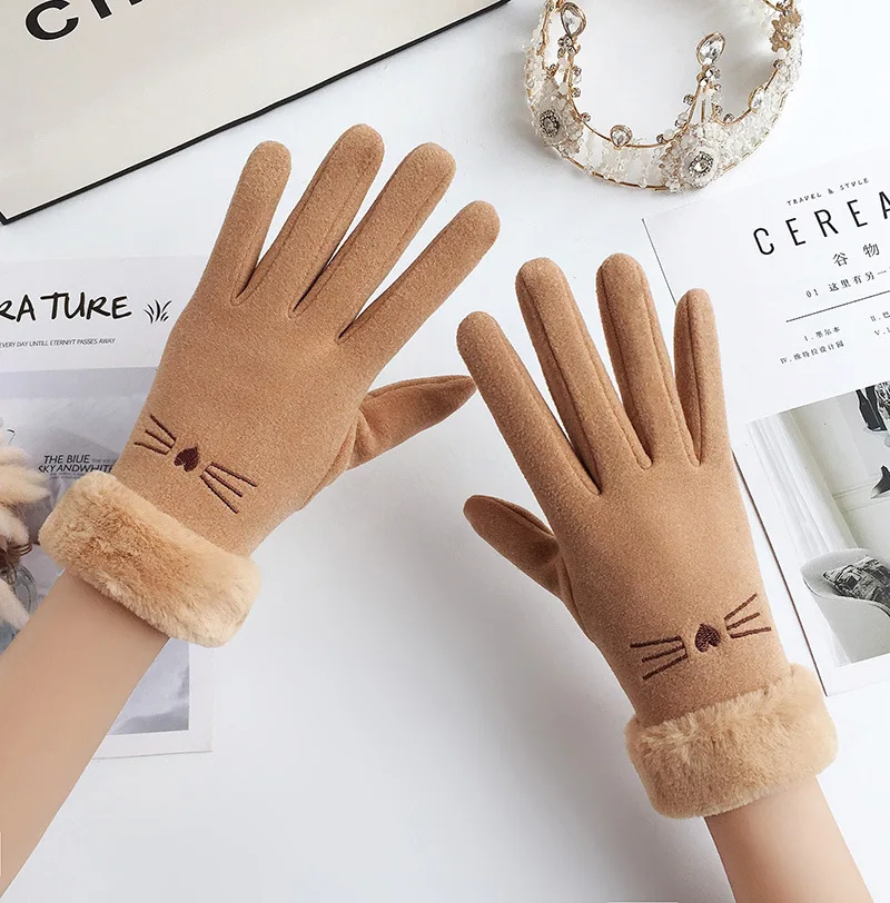ฤดูหนาวหญิงแคชเมียร์หนังนิ่มหนังขี่จักรยาน Mittens คู่กํามะหยี่หนา Plush นาฬิกาข้อมือผู้หญิงหน้าจอสัมผัสถุงมือขับรถ