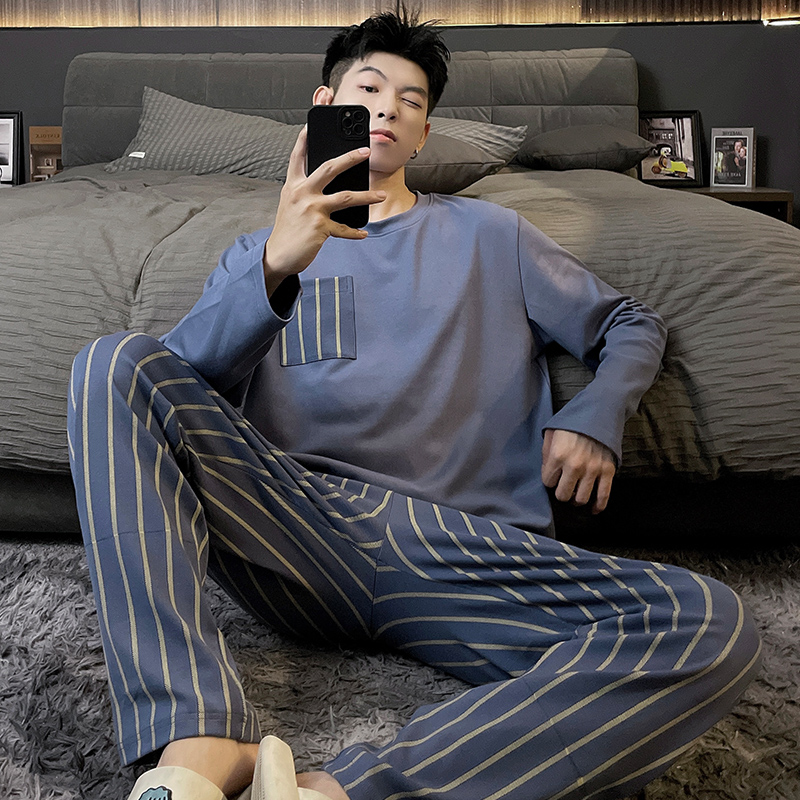 Pijamas informales de algodón para hombre, ropa de dormir de color liso, con Tops largos y pantalones, a la moda, novedad de primavera