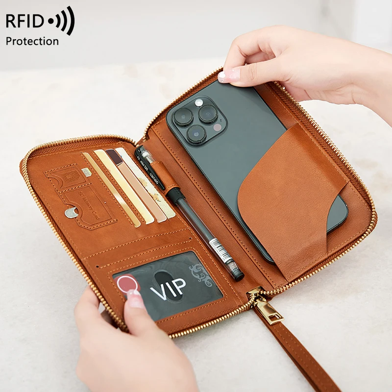 Porta-passaporte com bloqueio RFID, carteira de viagem, bilhete, bolsa para cartão de crédito, carteira multifuncional com zíper e alça de pulso, moda