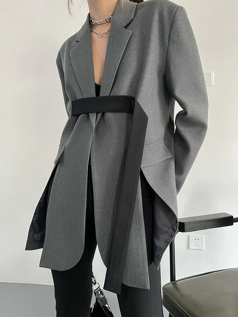 Blazers estilo rua feminino, design criativo, cintura com cinto, estilo europeu e americano com bainha dividida, nova chegada, 2024