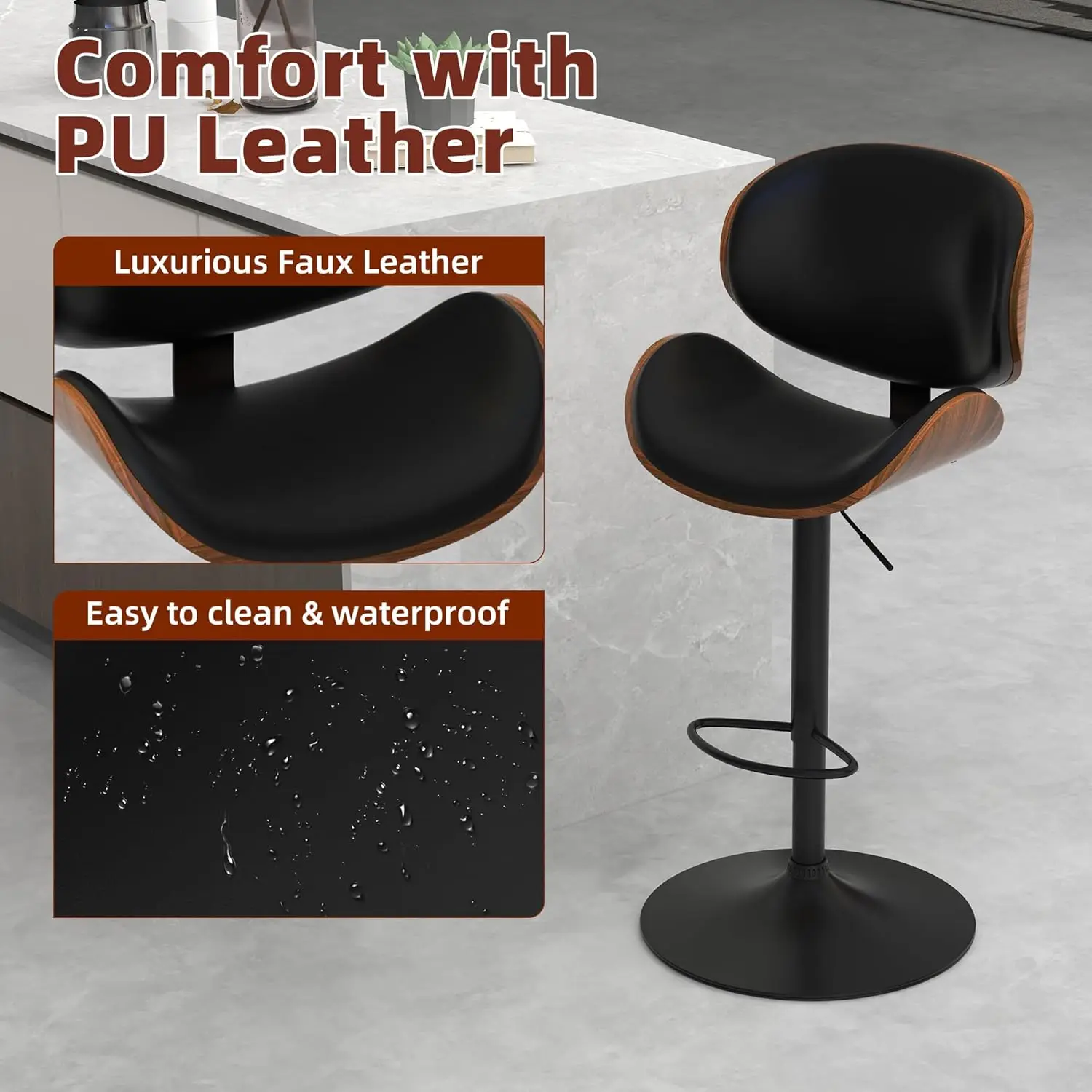 Bar Stools Set of 2 for Kitchen Counter, Adjustable Bar Height Chairs, Modern Swivel Barstools with Bentwood Seat