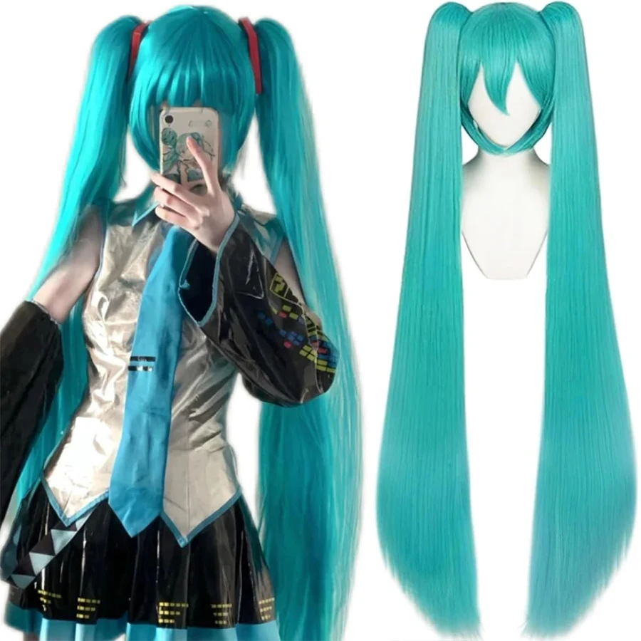 110 cm Cosplay-Perücke, Anime, lange synthetische Haarspangen, 2 Pferdeschwänze, Lolita-Perücke für Halloween