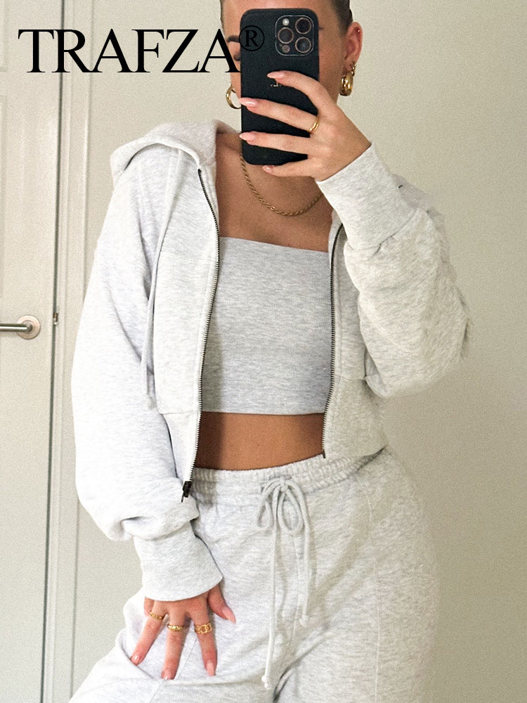 TRAFZA-Conjunto de pantalón y chaqueta Bomber para mujer, abrigo informal de manga larga con cremallera, sudadera lisa Vintage, traje, ropa de calle de primavera para mujer