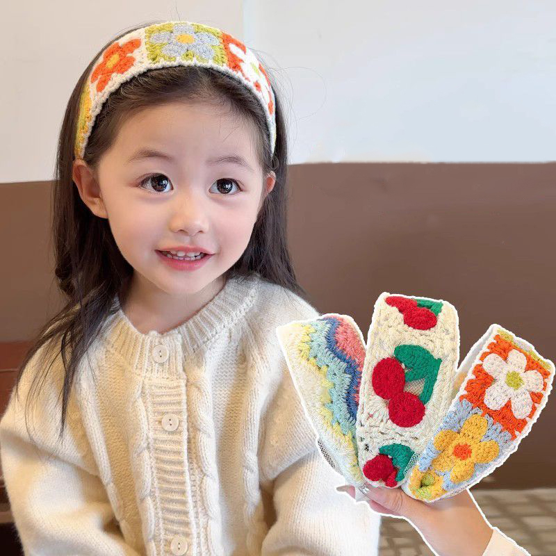 Детские обручи для волос с милой цветочной вышивкой, красочные вязаные шерстяные осенне-зимние широкие повязки для волос для девочек, головные уборы, детские аксессуары для волос