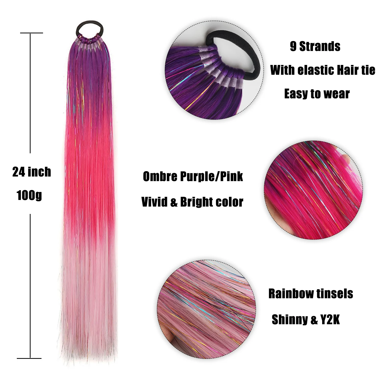 Extensión de cola de caballo de oropel púrpura, rojo y rosa con lazo elástico para el cabello, pelo trenzado sintético para niñas, pelo loco, pelo valiente para el día