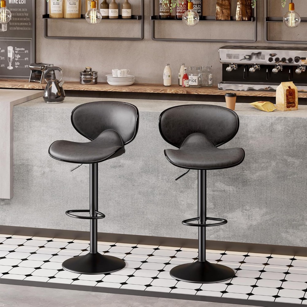 Set of 4 Swivel Faux Leather Bar Stools with Backrest and Footrest, Adjustable Counter Height Kitchen Stools