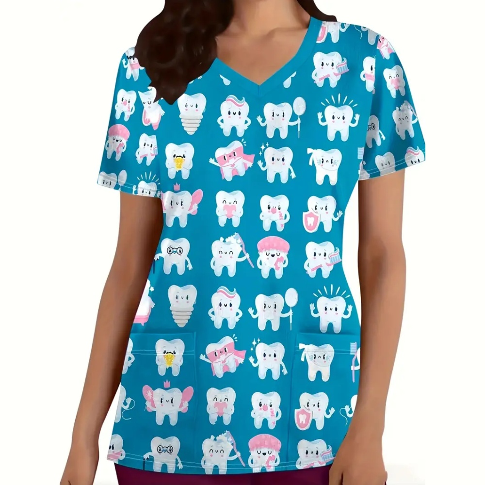 Uniforme clínico para mujer, estampado de dibujos animados de dientes, microelástico, cuello en V, Dental, Tops de manga corta a la moda, uniformes quirúrgicos