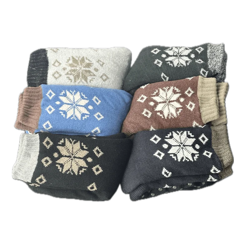 Fuzzy ถุงเท้าฤดูหนาว WARM Snowflake Fluffy Contton Soft Christmas House ชั้นหนา Plush Non SLIP Grip ตลกชายรองเท้าแตะถุงเท้าผู้ชาย