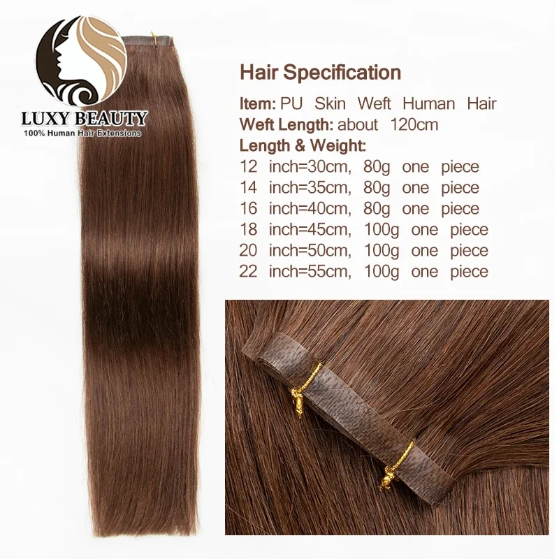 Extensions de cheveux humains à longue bande, 12 à 22 pouces, injection Invisible, peau PU, trame plate, 100g, couture en Micro maillons
