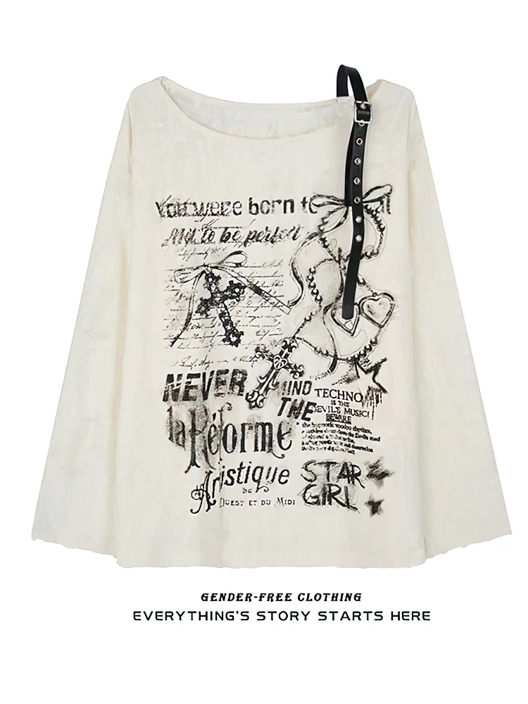 Camiseta Vintage Y2K de gran tamaño con hombros descubiertos y estampado para mujer, camiseta básica holgada de manga larga con agujeros de Hip hop, jerséis, Tops para mujer
