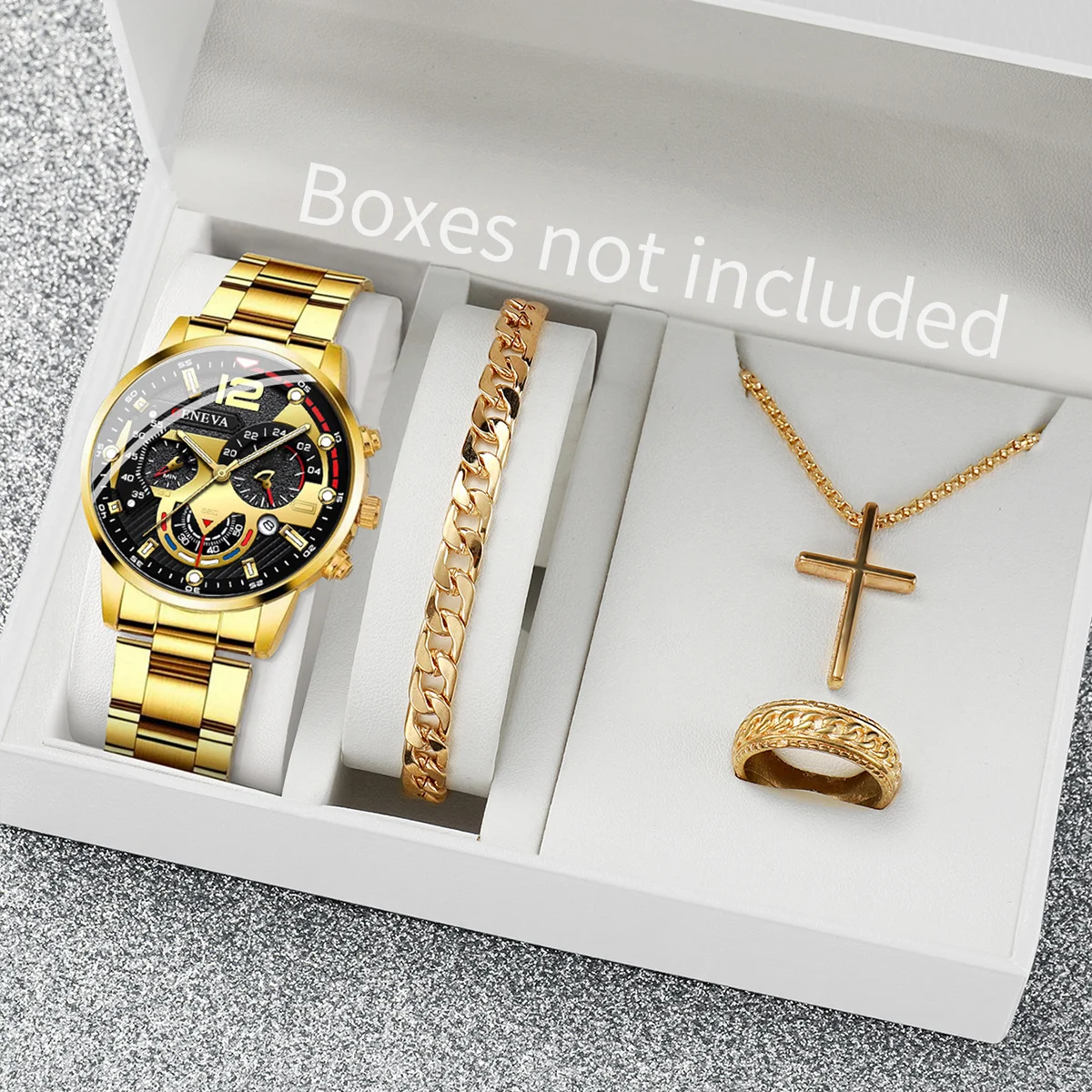 Montre à quartz analogique pour hommes, 4 pièces/ensemble, mode business, bracelet en acier doré, ensemble de bijoux (sans boîte)
