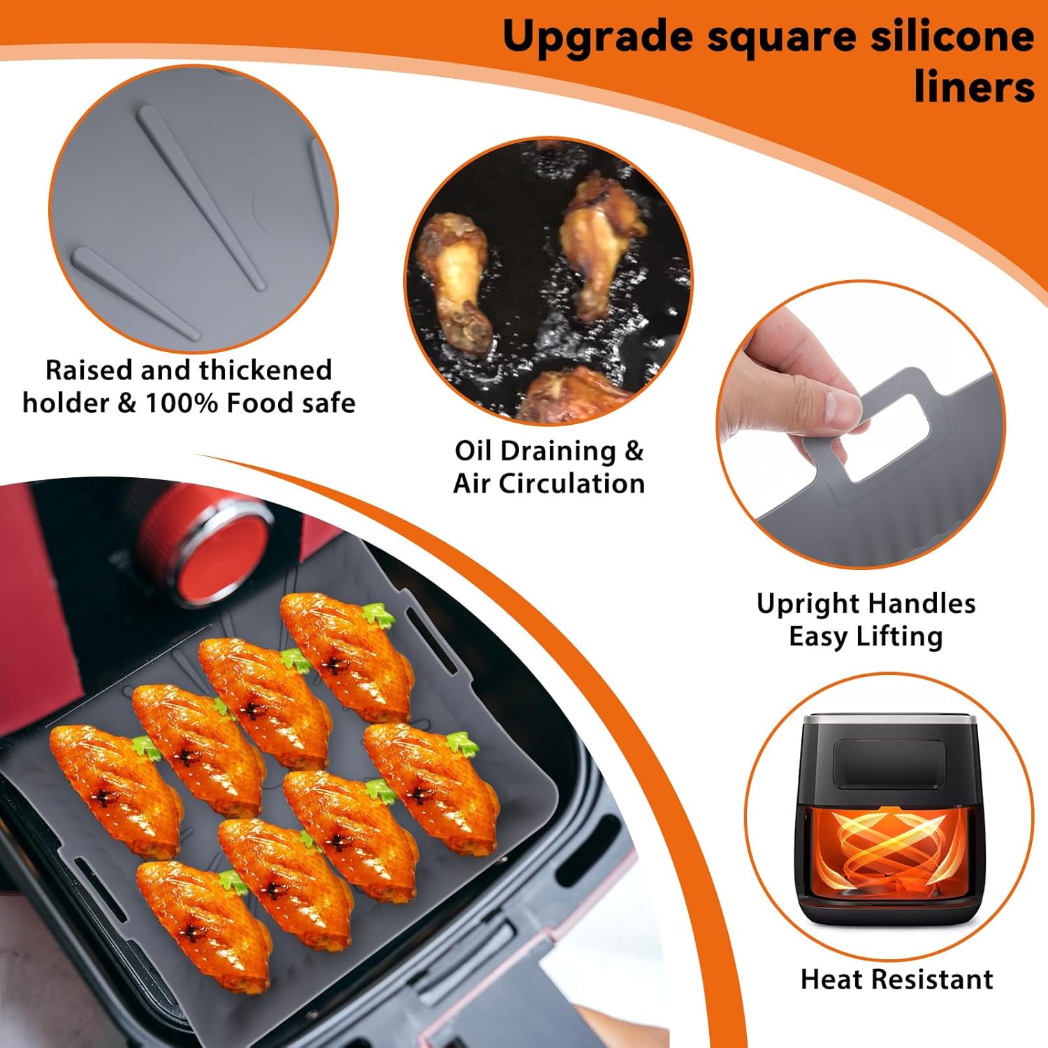 Molde cuadrado grande de silicona para freidora de aire, 23cm, 9 pulgadas, bandeja para freidora de aire de silicona reutilizable de 6 a 8 cuartos, cesta para freidora de aire Ninja
