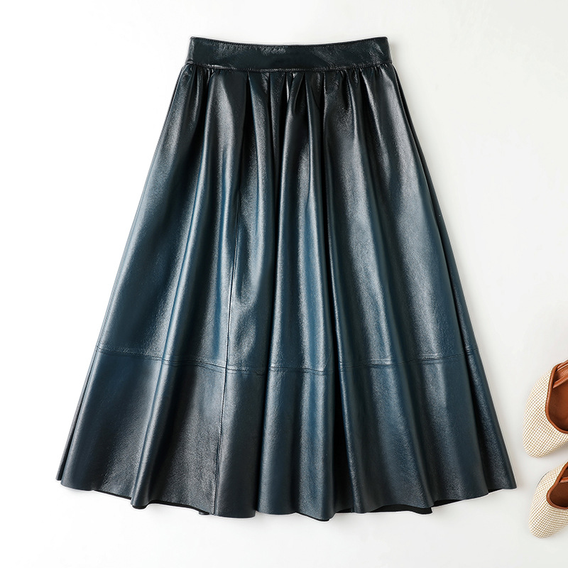 Roupas femininas de couro de ovelha, cores gradientes, zíper curto, jaquetas de motocicleta e saias de cintura alta, roupas de couro real