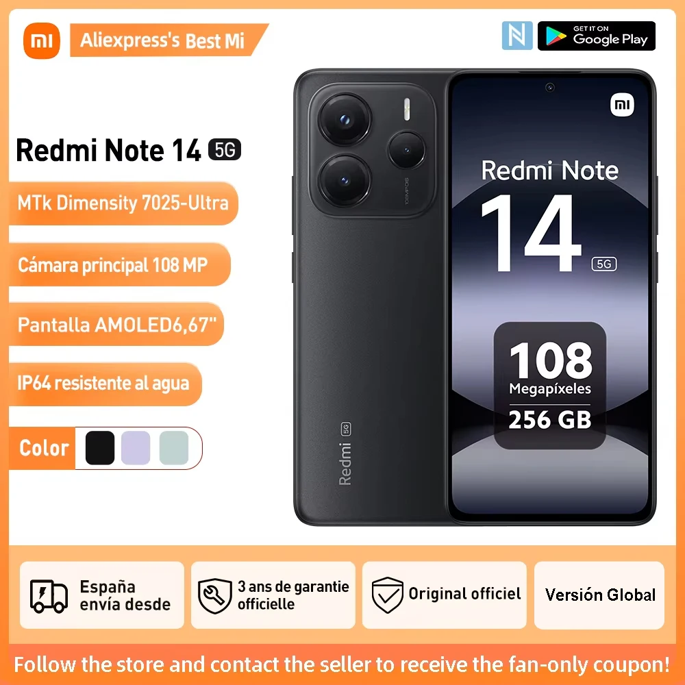 Xiaomi Redmi Note 14 5G NFC,MediaTek Dimensity 7025-Ultra,cámara de 108MP, batería de 5110mAh,Cargador no Incluido