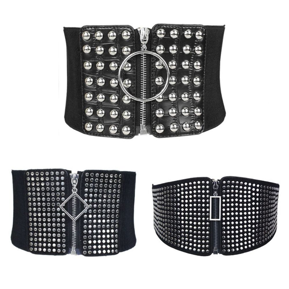 Faja elástica con remaches a la moda, cinturón tejido negro, cintura ancha, adelgazante, cintura alta, cinturón decorativo con cremallera para mujer